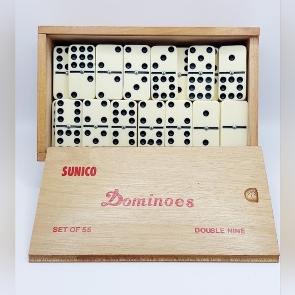 Vintage Dominoes Double 9 Wooden Box‎ - Complete 55 Pieces -Spinners - Picture 1 of 5